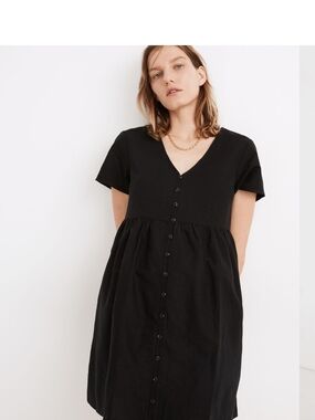 Madewell Black V-Neck Button-Front Dress In Linen Blend